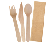 ENVIROCUTLERY PACK: WOODEN KNIFE, FORK, SPOON & BROWN KRAFT NAPKIN  INDIVIDUALLY WRAPPED 400S