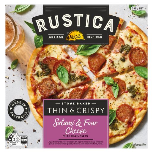 RUSTICA SALAMI & FOUR CHEESE THIN & CRISPY PIZZA 335GM