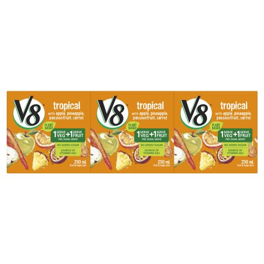 V8 JUICE FRUIT AND VEGETABLE TROPICAL 3 PACK 3X250ML