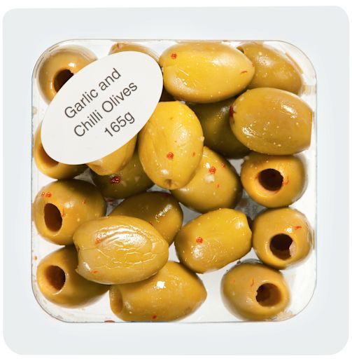 GARLIC & CHILLI OLIVES 165GM