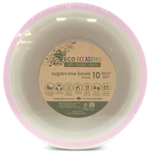 ECO OCCASIONS SUGARCANE BOWL WITH LIGHT PINK RIM 160MM 10PK