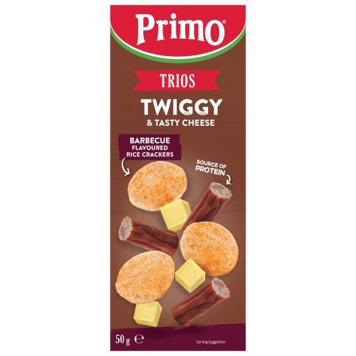 TRIO MILD TWIGGY BBQ FLAVOUR RICE CRACKERS & TASTY CHEESE 50GM