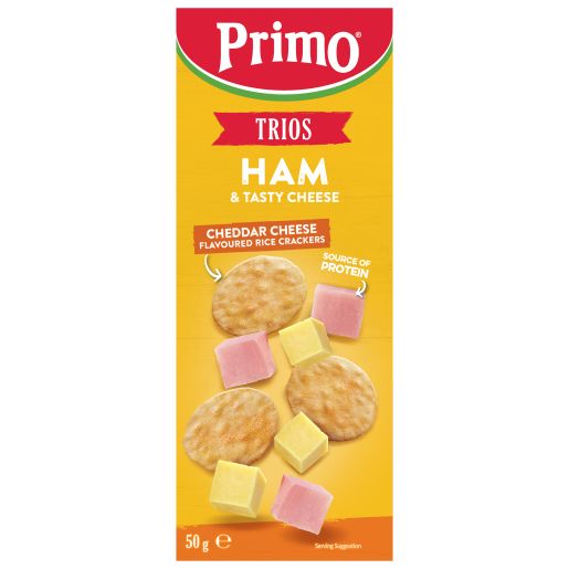 TRIO HAM CHEESE & CHEDDAR CHEESE FLAVOUR RICE CRACKERS 50GM