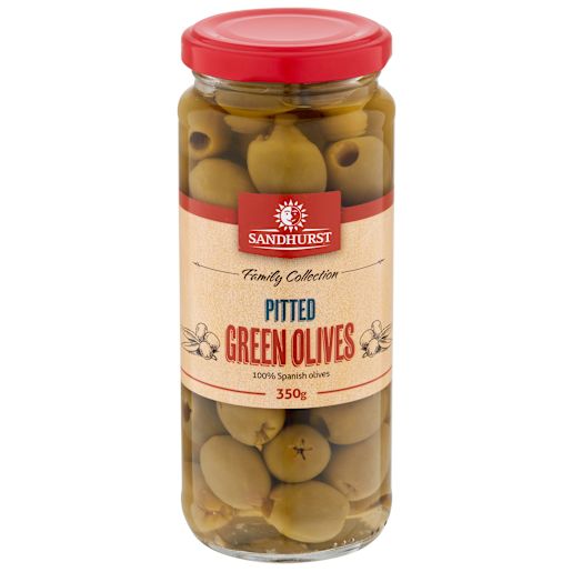 PITTED GREEN OLIVES 350GM