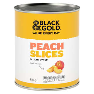 Black & Gold Peach Slices in Light Syrup
