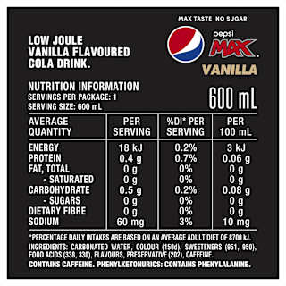 Pepsi Max No Sugar Vanilla Soda Bottle