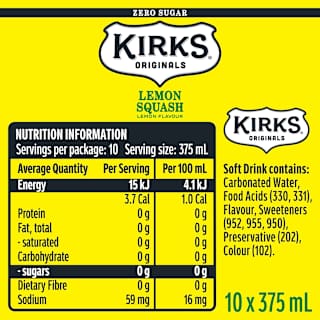 Kirks Sugar Free Lemon Squash Multipack Cans Soft Drink 375mL