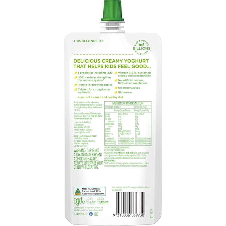 Vaalia Kids Probiotic Yoghurt Vanilla Pouch