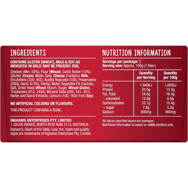 INGHAM'S Crumbed Chicken Kiev Garlic Butter
