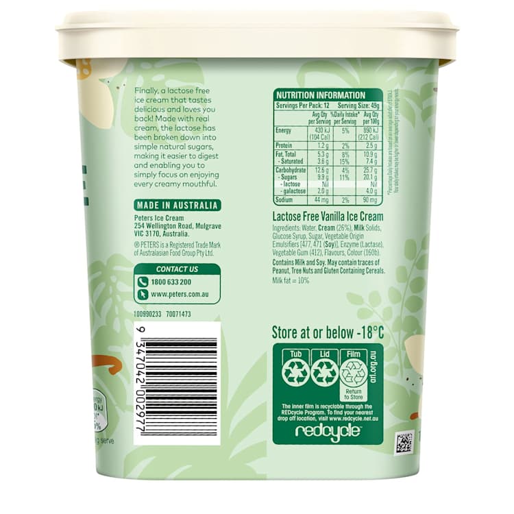 Peters Lactose Free Ice Cream Creamy Vanilla