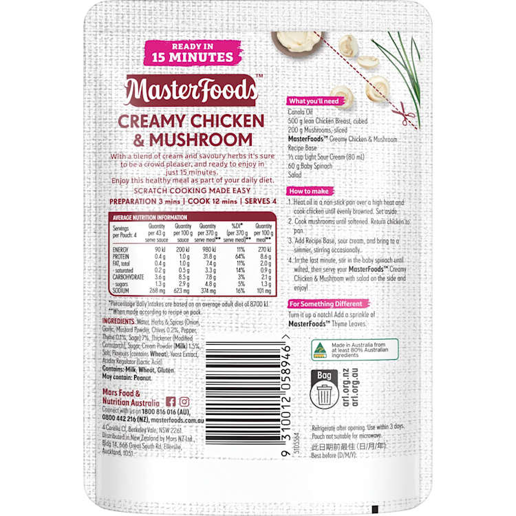 MasterFoods Ready in 15 Minutes Creamy Chicken & Mushroom Recipe Base