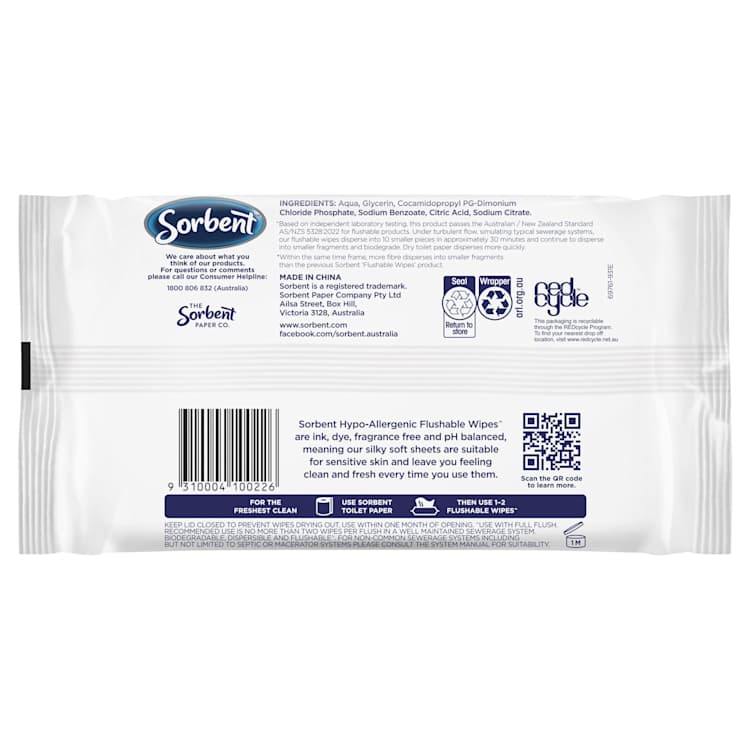 Sorbent Hypo-Allergenic Flushable Wipes