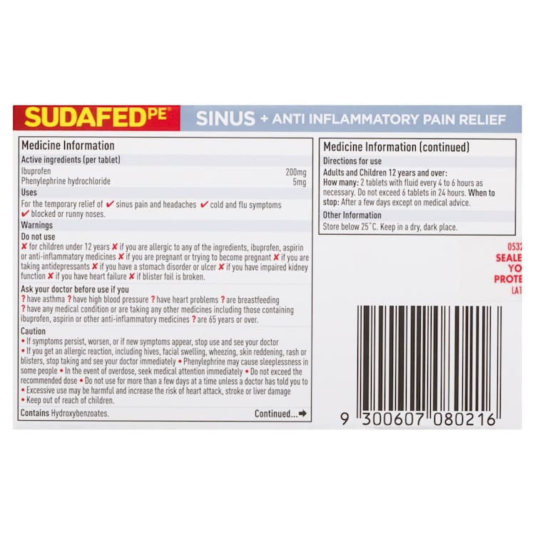 Sudafed PE Sinus Pain Relief + Anti Inflammatory Double Action Tablets