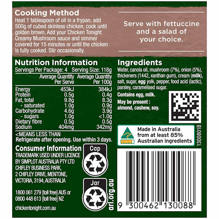 Chicken Tonight Simmer Sauce Creamy Mushroom