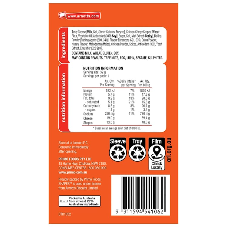 Arnott's Chicken Crimpy & Tasty Cheese Shapes