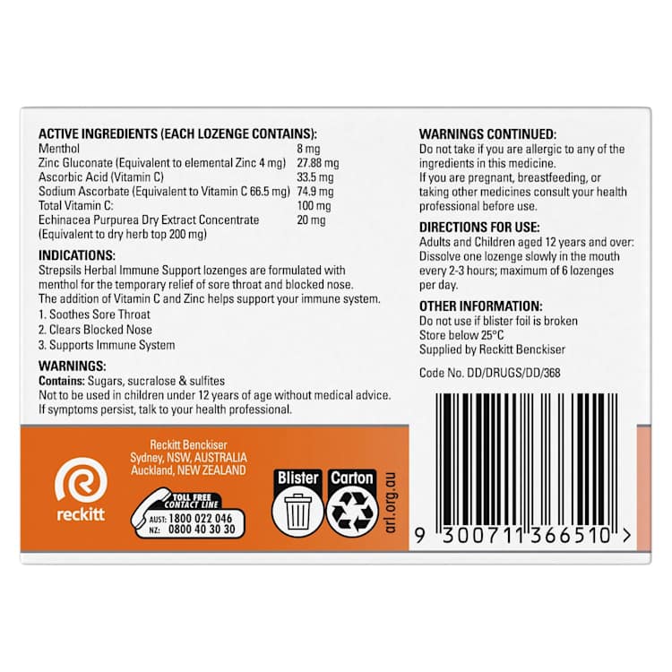 Strepsils Herbal Immune Support Lozenges Elderberry & Echinacea