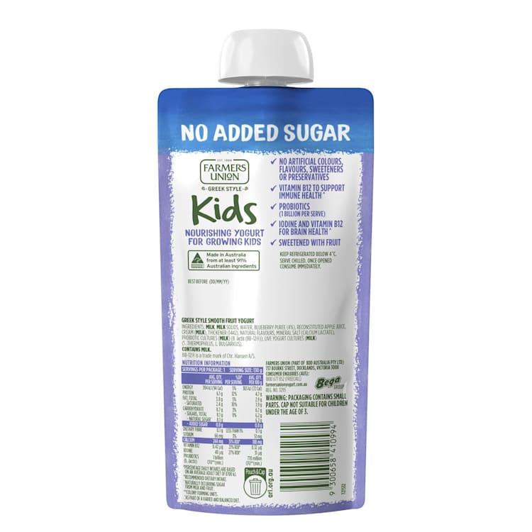 Farmers Union No Added Sugar Yoghurt Kids Pouch Blueberry