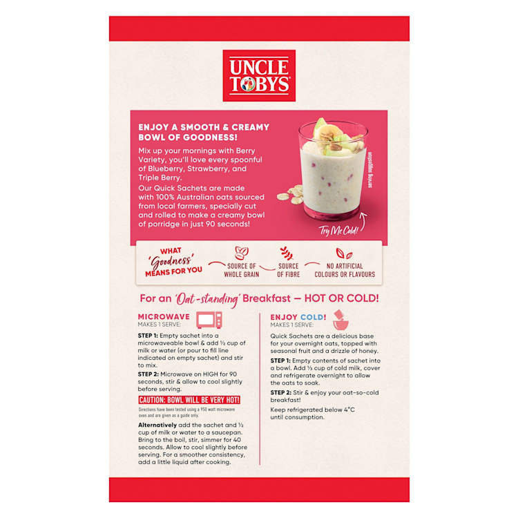 Uncle Tobys Oats Quick Sachets Breakfast Cereal Berry Variety
