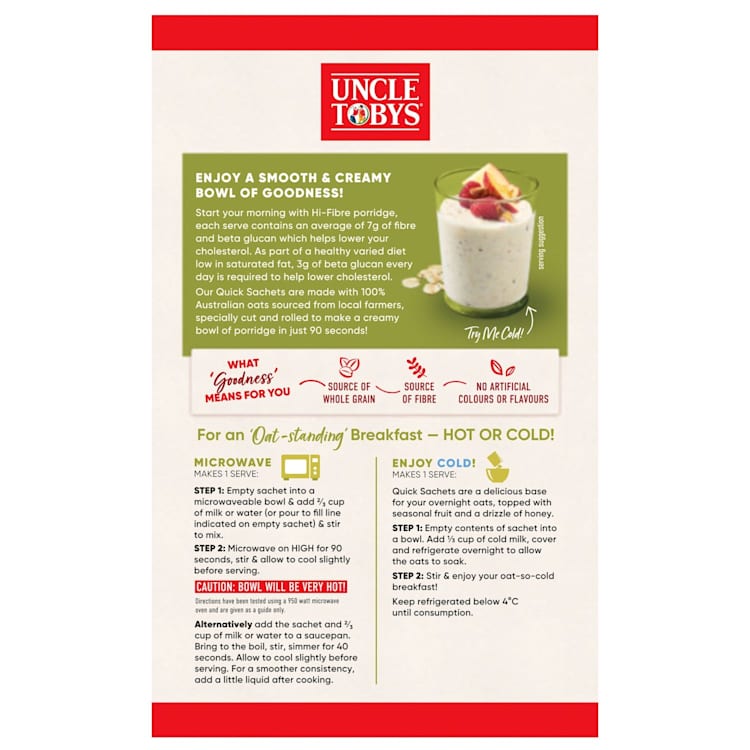 Uncle Tobys Oats Quick Sachets Breakfast Cereal Hi Fibre