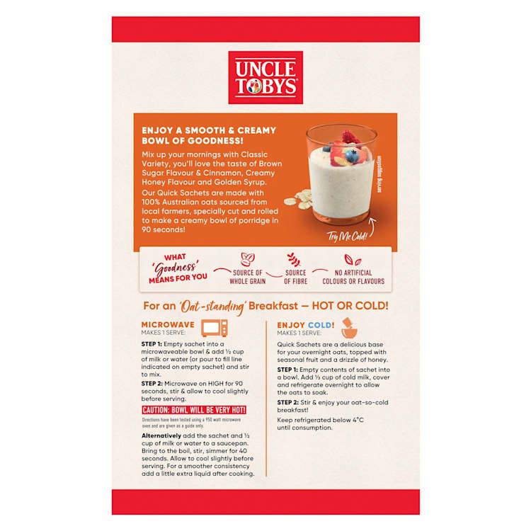 Uncle Tobys Oats Quick Sachets Breakfast Cereal Classic Variety