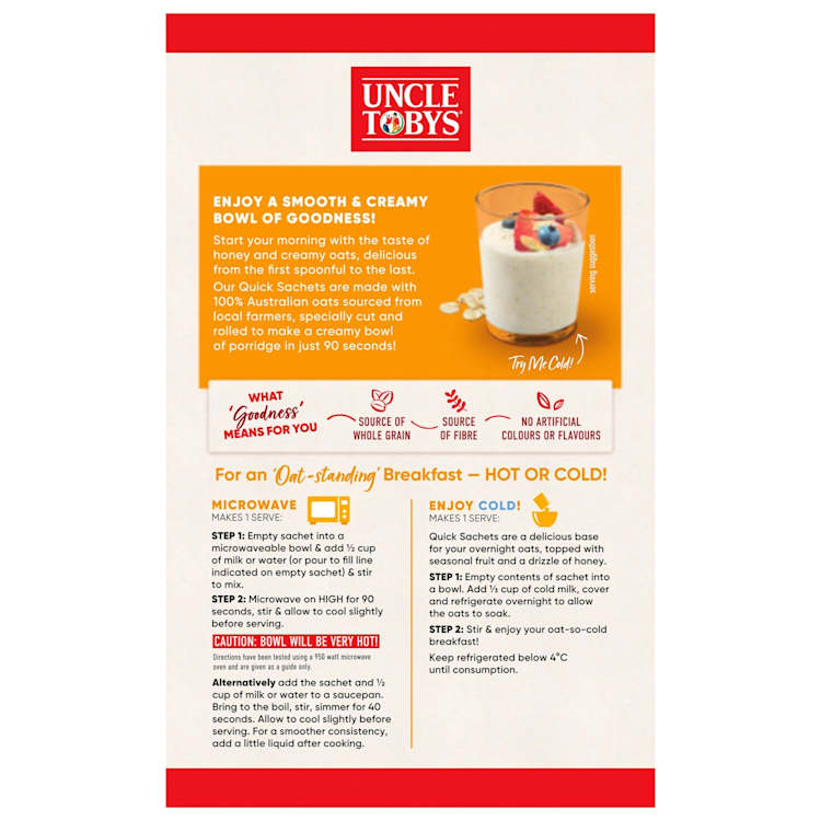 Uncle Tobys Oats Quick Sachets Creamy Honey