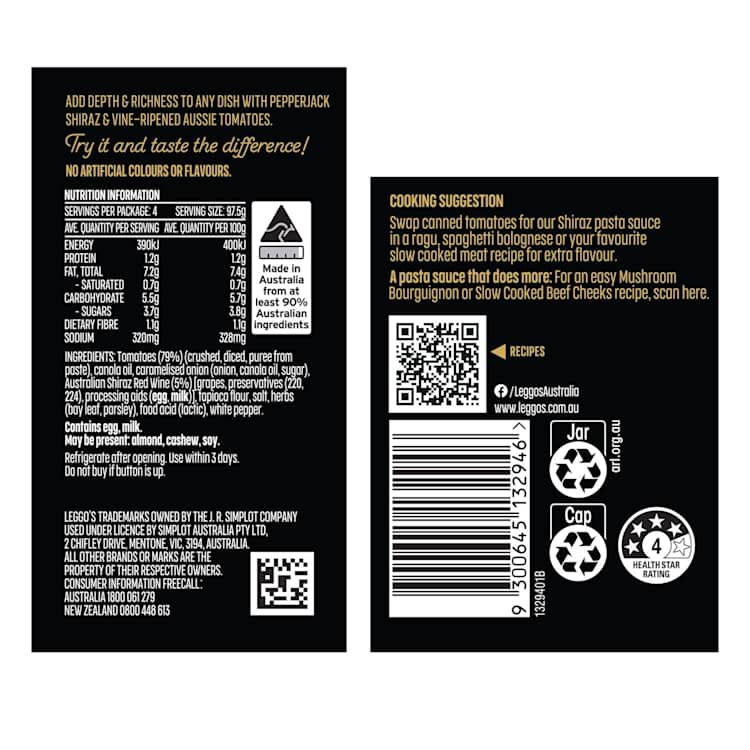 Leggo's Tomato & Barossa Shiraz Gourmet Pasta Sauce With Pepperjack