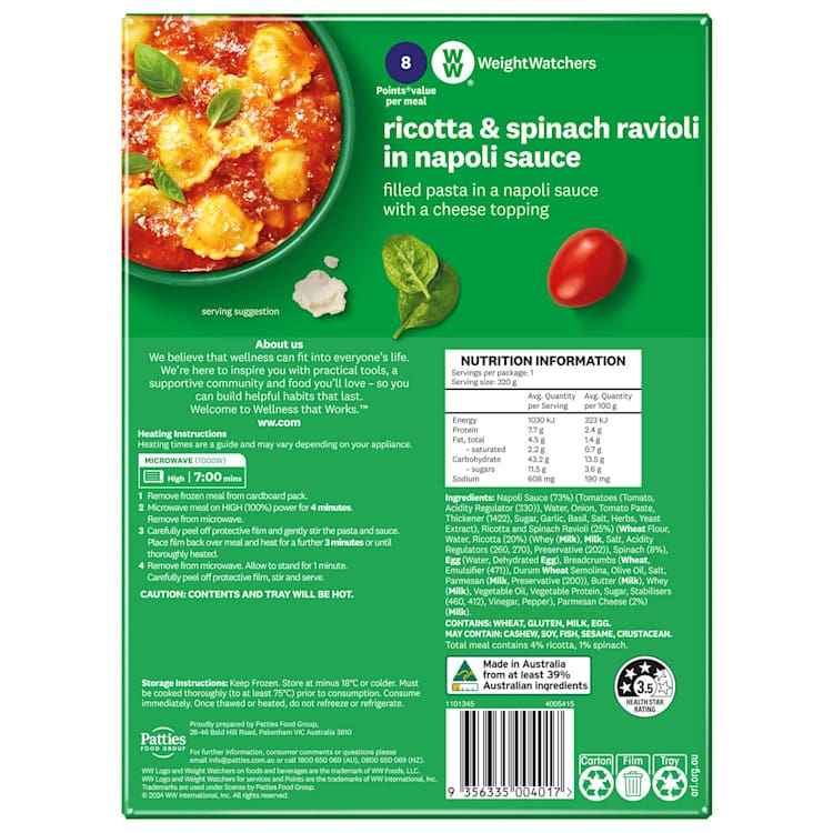 Weight Watchers Spinach Ricotta Ravioli with Napoli Sauce