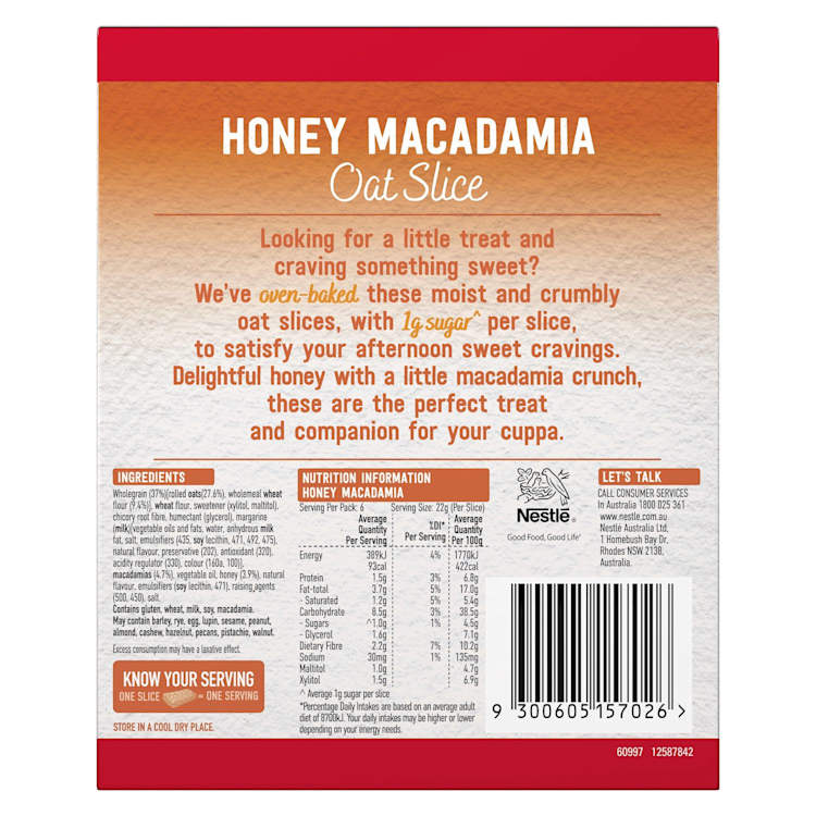 Uncle Tobys Snacks Oat Slice Low Sugar Honey Macadamia