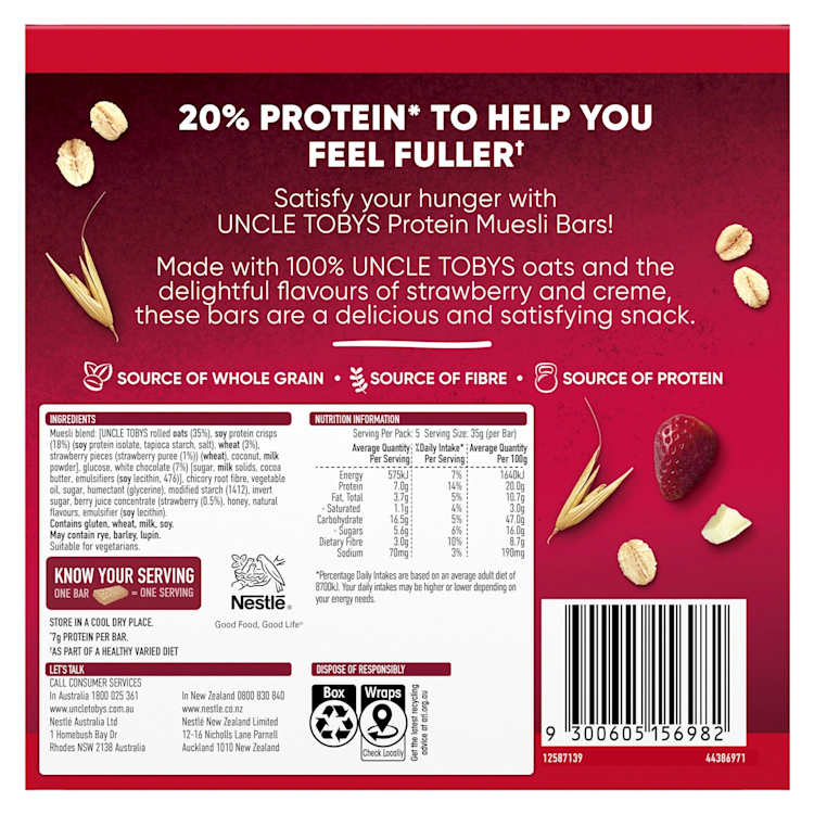 Uncle Tobys Cereal Bar Protein Bar Strawberry & Crème
