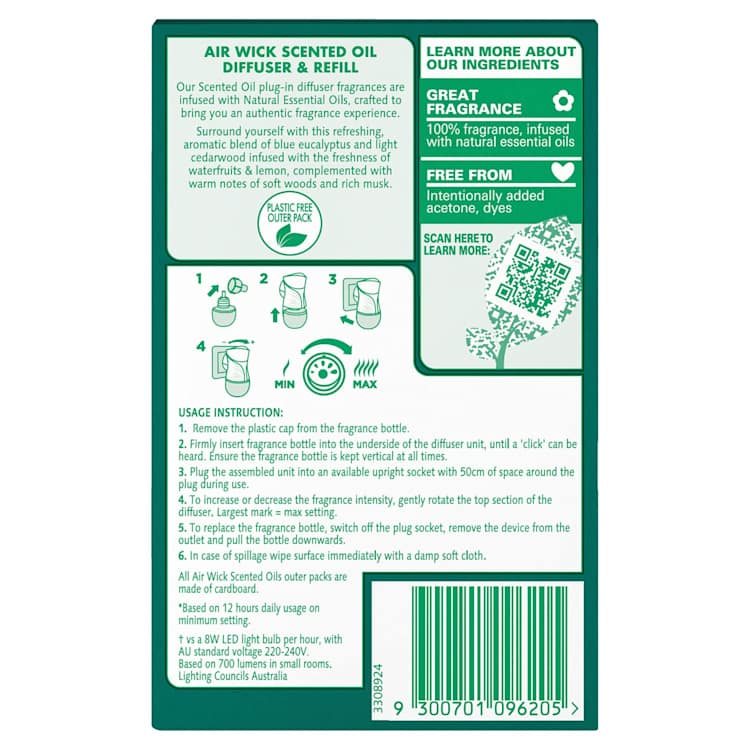 Air Wick Essential Oil Air Freshener Plug In Diffuser Blue Eucalyptus & Cedarwood