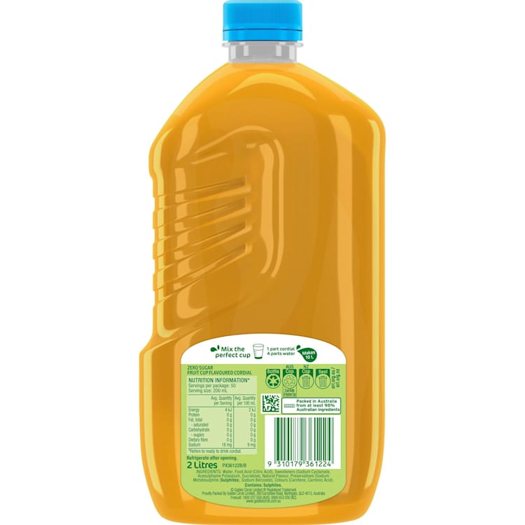 Golden Circle Zero Sugar Fruit Cup Flavoured Cordial