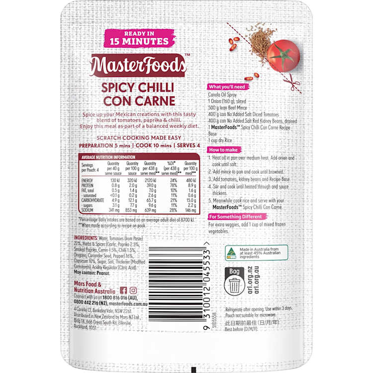 Masterfoods Recipe Base Spicy Chilli Con Carne 