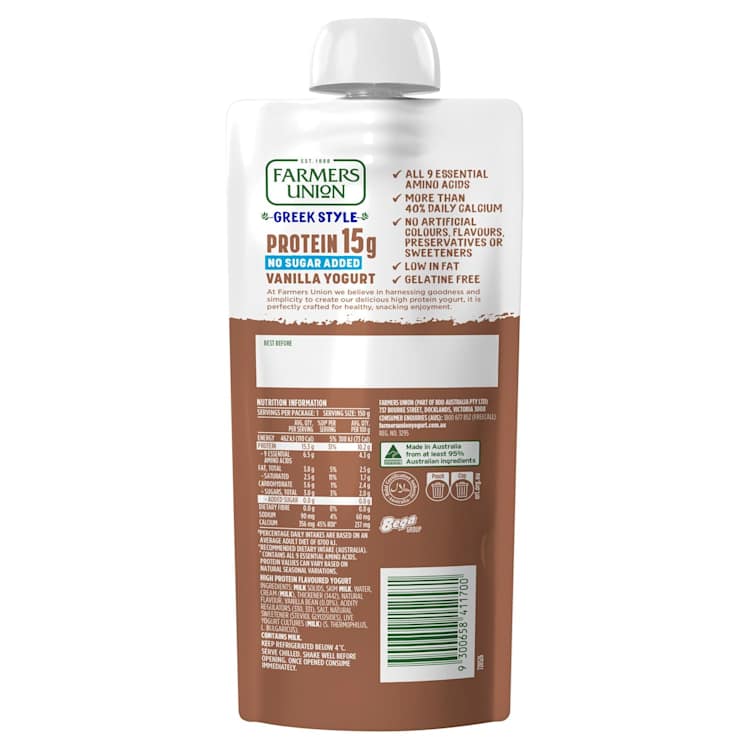 Farmers Union Greek Style High Protein Vanilla Yogurt Pouch
