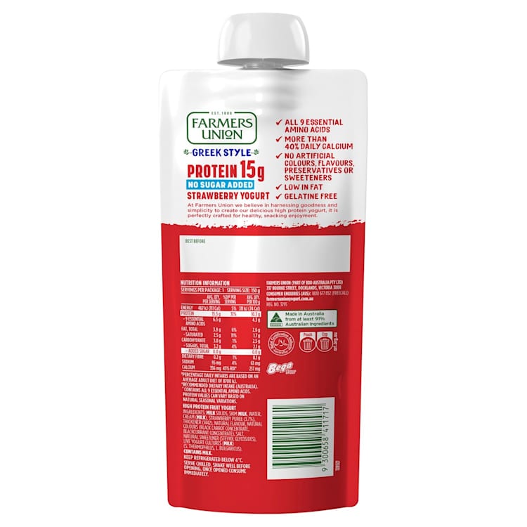 Farmers Union Greek Style High Protein Strawberry Yogurt Pouch