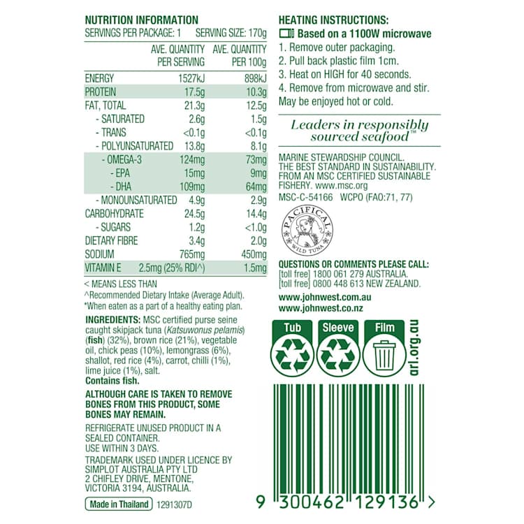 John West Tuna Protein+ Vitamin E Tuna Bowls with Brown & Red Rice, Lime, Lemongrass & Chickpeas