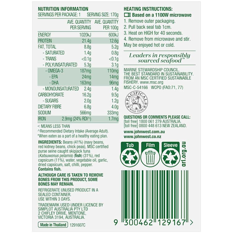 John West Protein Plus Iron Tuna With Capsicum & Beans