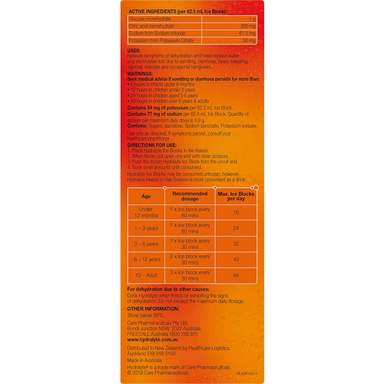 Hydralyte Electrolyte Ice Blocks Orange