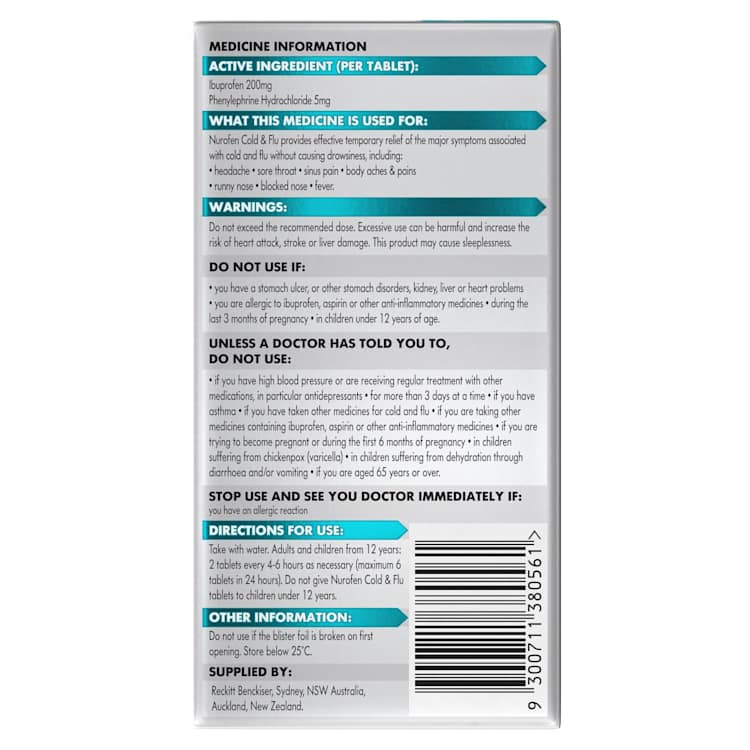 Nurofen Cold and Flu Tablets 200mg Ibuprofen /5mg Phenylephrine Hydrochloride 24 Pack