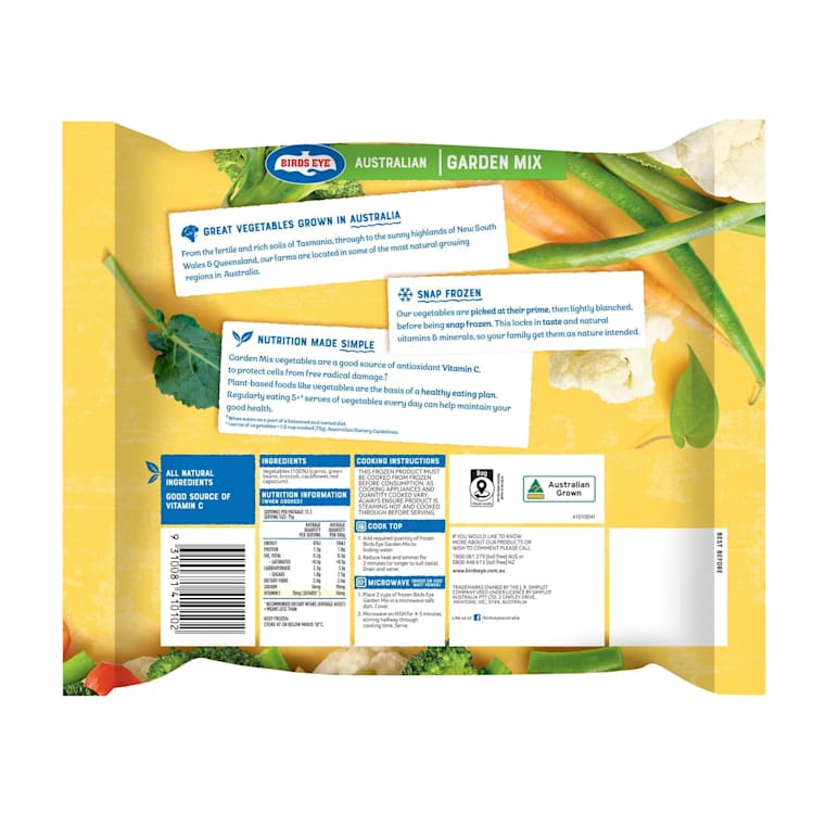 Birds Eye Snap Frozen Garden Mix Carrot Beans Brocoli Cauli Capsicum