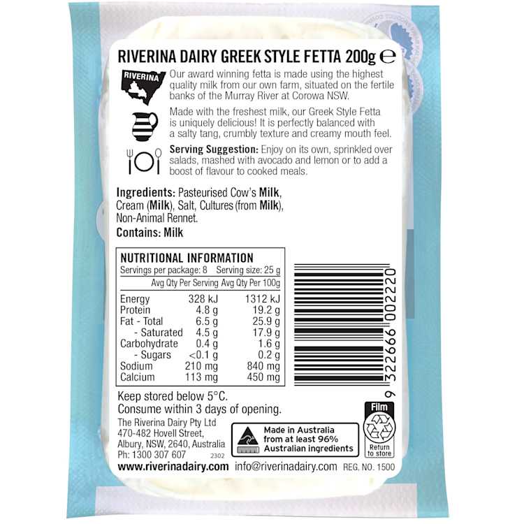 Riverina Dairy Co Plain Greek Style Fetta