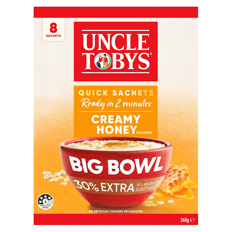 Uncle Tobys Oats Quick Sachets Breakfast Cereal Creamy Honey Big Bowl