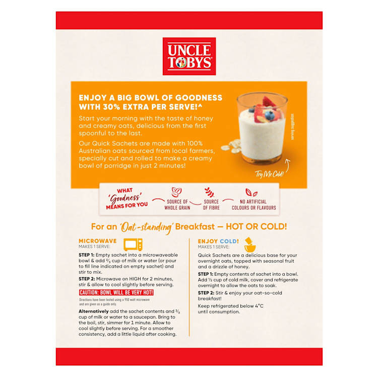 Uncle Tobys Oats Quick Sachets Breakfast Cereal Creamy Honey Big Bowl