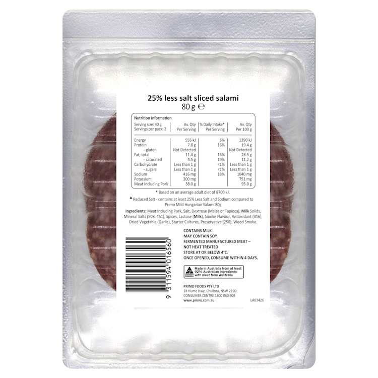 Primo25 % Less Salt Mild Salami