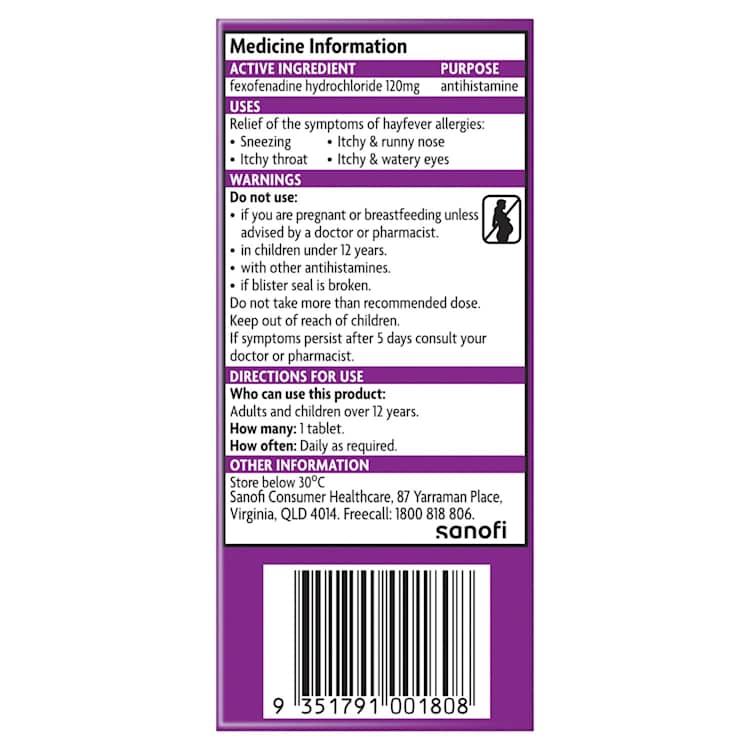 Telfast Allergy Medication 120Mg Tablets 