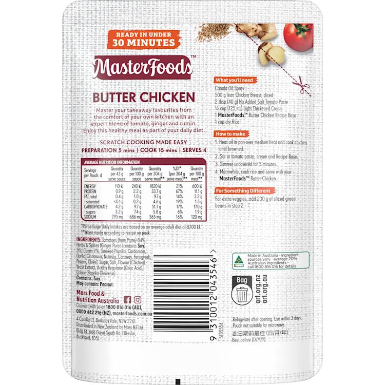 MasterFoods Butter Chicken Recipe Base Stove Top Pouch