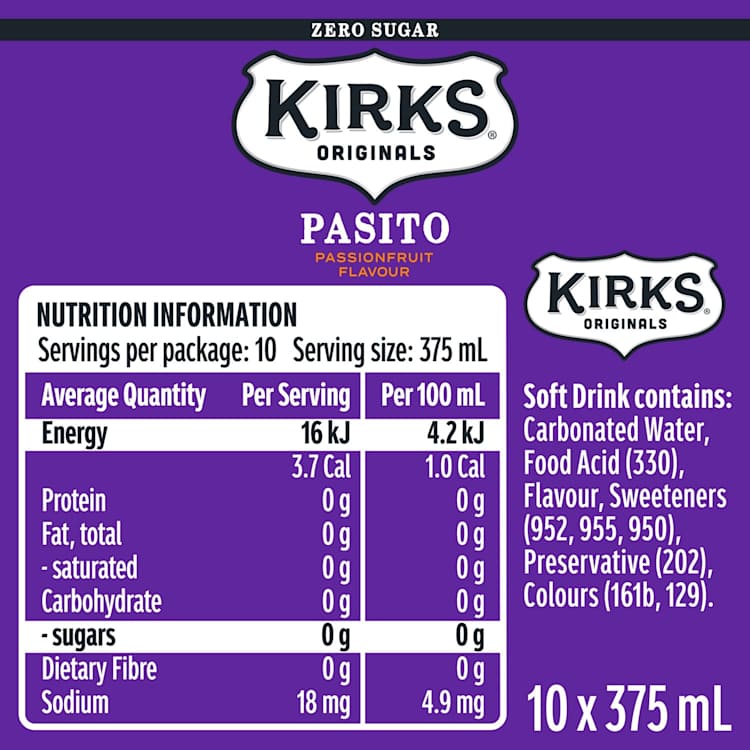 Kirks Sugar Free Pasito Passionfruit Multipack Cans Soft Drink 375mL