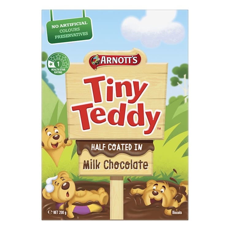 Arnott's Tiny Teddy Biscuits Half Coated in Milk Chocolate