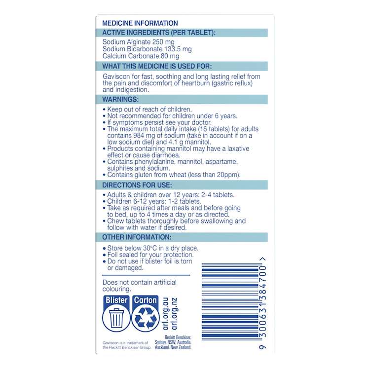 Gaviscon Chewable Tablets Peppermint Heartburn & Indigestion Relief