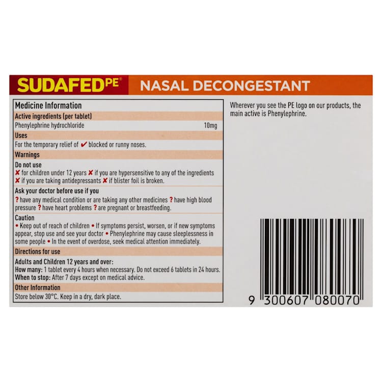 Sudafed PE Nasal Decongestant 20 Tablets x 10mg