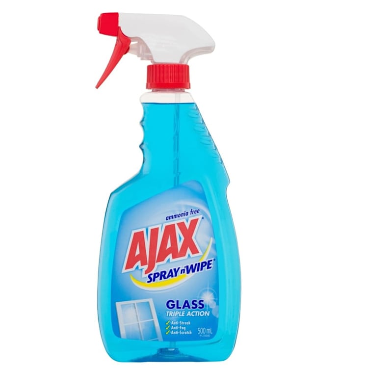 Ajax Spray n' Wipe Glass Cleaner Trigger Ammonia Free Surface Spray Triple Action Made in Australia Recycled Bottle